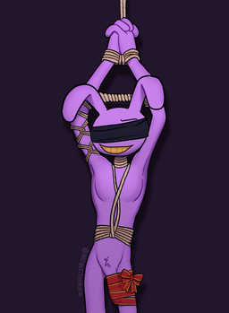 4_fingers anthro bdsm blindfold bondage bound bow_ribbon bulge crotch_tuft detailed_bulge fingers genital_outline gift_bow hands_tied_above_head hands_together male nervous nervous_smile nude_male penis_outline restrained restraints rope rope_bondage rope_harness solo tuft ari_dibujitos glitch_productions the_amazing_digital_circus jax_(tadc) lagomorph leporid mammal rabbit absurd_res hi_res