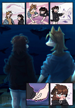ambiguous_gender anthro aquarium black_bottomwear black_clothing black_hoodie black_shorts black_topwear blush blush_lines bottomwear brown_hair clothed clothed_anthro clothing collar date duo female feral freckled_face freckles group hair hand_holding heart_symbol hoodie inside leash leashed_collar shorts text topwear vivarium water wide_eyed salamanding joan_(salamanding) avian bird canid canine canis cetacean domestic_dog fish mammal marine penguin ray_(fish) whale artist_name comic digital_drawing_(artwork) digital_media_(artwork) english_description hi_res watermark female_(lore)