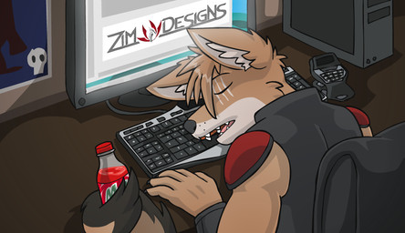 anthro armor black_body black_fur black_nose bracers brown_body brown_fur brown_hair clothing computer computer_keyboard computer_monitor computer_screen digitigrade electronics eye_scar eyes_closed facial_scar fur hair jewelry male necklace orange_eyes scar sleeping tail topwear uniform vest white_body white_fur thekc ra'wolf canid canine canis mammal wolf 2012