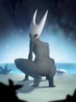 black_body black_eyes butt crouching detailed_background female foreground_silhouette genitals horn looking_at_viewer looking_back nude outside presenting presenting_hindquarters pussy seaside solo white_horn argustte hollow_knight team_cherry hornet_(hollow_knight) humanoid 3:4 hi_res