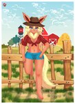 4_toes 5_fingers :3 anthro barn blonde_hair blue_eyes border bottomwear breasts brown_nose chest_tuft cleavage clothed clothing cloud cowgirl_outfit detailed_background ear_piercing ear_ring farm feet female fence feral fingers fluffy fluffy_tail fur grass hair hat hay headgear headwear long_ears long_hair long_tail midriff navel orange_body orange_fur outside partially_clothed piercing plant pose raised_leg ring_piercing shirt shorts solo tail tied_shirt toes topwear tree tuft water_tank white_border shinn nintendo pokemon koriand_wildfire bovid bovine cattle eeveelution flareon generation_1_pokemon mammal pokemon_(species) 2019 hi_res signature