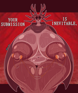 anthro antlers areola big_breasts bodily_fluids breasts cloak_only dialogue female genitals horn huge_breasts hyper hyper_breasts nipple_piercing nipples piercing solo sweat sweaty_body thick_thighs vulva wide_hips voctopie spooky's_jump_scare_mansion specimen_8 deer mammal monster absurd_res hi_res