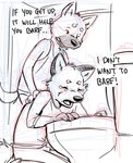2012 anthro black_nose bodily_fluids bottomwear briefs canid canine canis clothing comic crying dialogue domestic_dog duo english_text fox hungover ill male mammal monochrome nausea pants poop_(artist) sad shirt sketch tank_top tears text toilet topwear underwear