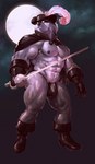 2016 abs anthro biceps biped black_nose boots bulge canid canine canis cape clothed clothing detailed_background detailed_bulge digital_media_(artwork) digital_painting_(artwork) footwear full-length_portrait genital_outline glistening glistening_arms glistening_body glistening_clothing glistening_legs gloves grey_body handwear hat headgear headwear hi_res loose_feather male mammal mask melee_weapon mezcal_(artist) moon mostly_nude muscular muscular_anthro muscular_male muscular_thighs navel night nipples overly_muscular pecs penis_outline portrait pose quill rapier shaded shoes skimpy soft_shading solo standing sword thick_thighs thong underwear weapon white_eyes wolf