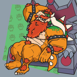 anthro arm_tuft beard chair cuff_(restraint) facial_hair furniture hair horn leather leather_cuffs leg_tuft male muscular muscular_male mustache orange_body overweight raised_arm red_hair restraints shell smile smiling_at_viewer solo throne tuft zsombor mario_bros nintendo bowser koopa scalie 1:1 absurd_res hi_res