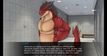 2022 anthro bathroom bench biceps black_horn black_stripes brown_hair clothed clothing coalt comic dragon english_text fluffy fluffy_tail fur furred_dragon furred_scalie gameplay_mechanics green_eyes hair handle hi_res horn looking_at_viewer male multi_horn muscular muscular_anthro muscular_male mythological_creature mythological_scalie mythology open_mouth options pecs red_body red_fur rimentus scalie shower_head solo steam stripes tail tan_body tan_fur text text_box the_mystery_of_caketropolis topless topless_male towel towel_around_waist wingless_dragon