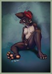 anthro border female fingering green_border pose solo furryporky canid canine fox mammal absurd_res hi_res pinup