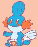 ambiguous_gender anthro baby blue_body clean_diaper clothed clothing diaper diaper_only orange_background orange_body orange_eyes raised_arm simple_background simple_eyes sitting solo topless wearing_diaper young young_ambiguous young_anthro neotenous nintendo pokemon generation_3_pokemon mudkip pokemon_(species) 2022 hi_res