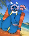 4_toes alternate_color anthro barefoot beach bedroom_eyes black_nose blue_body blue_fur blush clothing detailed_background eyewear feet female foot_focus fur glasses grey_hair hair half-closed_eyes legs_up licking licking_lips licking_own_lips looking_at_viewer narrowed_eyes pawpads paws pink_pawpads sea seaside seductive self_lick short_hair smile smirk snout soles solo swimwear toes tongue tongue_out tuft water delki bandai_namco digimon fan_character genesys_(lamont786) canid canine digimon_(species) mammal renamon 2019 digital_media_(artwork) hi_res shaded