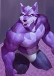 abs anthro biceps clothed clothing facial_hair fur goatee male muscular muscular_anthro muscular_male pecs purple_body purple_fur solo topless wball canid canine canis mammal wolf 2018 digital_media_(artwork)