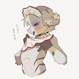 animal_print anthro blush blush_lines bow_tie clothing flirting flirting_with_viewer floppy_ears fur kemono leopard_print maid_uniform male multi_nipple multicolored_body multicolored_fur nipple_piercing nipples piercing solo text uniform young young_anthro young_male itohpalpal canid canine hybrid mammal japanese_text