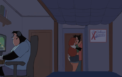 anthro arms_around_neck bed bedroom black_body black_eyebrows black_fur black_hair black_nose blue_bottomwear blue_clothing blue_jeans blue_pants blue_shirt blue_shorts blue_text blue_topwear book bottomwear brown_body brown_fur brown_nose chair clothed clothed_anthro clothed_female clothed_male clothing computer denim denim_bottomwear denim_clothing denim_shorts desk door ear_piercing electronics eyebrows eyes_closed female female_anthro french_kissing fur furniture gloves green_clothing green_shirt green_topwear group hair hand_on_butt hand_on_neck handwear hug inside intraspecies jeans kissing long_hair male male/female male_anthro midriff monitor mouth_closed multicolored_body multicolored_fur obese obese_anthro obese_male office_chair overweight overweight_anthro overweight_male pants piercing poster red_clothing red_hair red_shirt red_topwear shelf shirt short_hair shorts sitting snout standing t-shirt table tan_body tan_fur text topwear trio two_tone_body two_tone_fur white_clothing white_gloves white_handwear amugea disney goof_troop max_goof pj_(goof_troop) roxanne_rover canid canine canis domestic_dog mammal absurd_res english_text hi_res