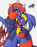 3_fingers anthro bangs biped blue_body blue_clothing blue_hair blue_jacket blue_scales blue_topwear choker clothing devil_horns_(gesture) eyelashes female fingers fusion gesture grey_background hair hair_mouth hand_gesture jacket jewelry leg_markings markings necklace open_mouth pokemon_fusion red_body red_eyes red_scales scales sharp_teeth simple_background socks_(marking) solo spiked_hairband spikes spikes_(anatomy) teeth tongue tongue_out topwear yellow_body yellow_scales mawaifu nintendo pokemon pokemon_infinite_fusion garchomp generation_3_pokemon generation_4_pokemon hybrid hybrid_pokemon mawile pokemon_(species) 2023 hi_res reference_image signature