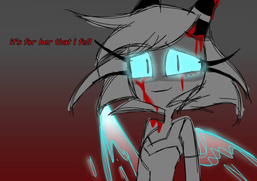 back_wings blood blue_eyes bodily_fluids eyelashes feathered_wings feathers female horn long_eyelashes mid_transformation pupils slit_pupils smile solo species_transformation text transformation wings emositecc hellaverse helluva_boss millie_(helluva_boss) angel angel_humanoid demon demon_humanoid humanoid imp colored english_text restricted_palette
