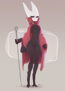anthro black_body black_eyes breasts cloak clothing female genitals grey_background holding_object holding_weapon horn mostly_nude nipples one_breast_out simple_background solo vulva weapon white_horn maxmushroom hollow_knight_(franchise) team_cherry hornet_(hollow_knight) arthropod humanoid insect 2022 digital_media_(artwork) full-length_portrait hi_res portrait shaded