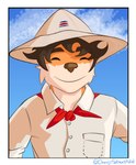 anthro brown_nose canid canine clothing cloud conditional_dnp costa_rica costa_rican_flag eyebrows eyes_closed flag flag_(shape) flag_clothing flag_design flag_hat flag_headwear flag_print fox fur hat headgear headwear hi_res kerchief male mammal neckerchief orenji_salmonpaw orenjisalmonpaw print_clothing print_hat print_headgear print_headwear red_fox red_kerchief red_neckerchief shirt sky smile solo topwear true_fox