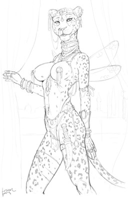 5_fingers anthro biped breasts choker circlet clitoris clitoris_piercing clothed clothing dagger ear_piercing facial_piercing female fingers genital_piercing genitals insect_wings jewelry looking_at_viewer melee_weapon necklace nipple_piercing nipples nose_piercing nude open_mouth piercing ring skimpy smile solo standing tail translucent translucent_clothing vulva vulva_piercing weapon wings trogan felid leopard mammal pantherine hi_res monochrome sketch