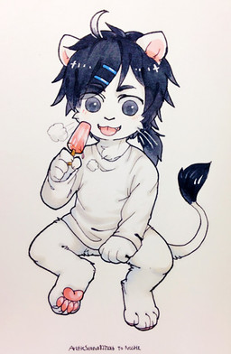 anthro blue_eyes blue_hair bottomless chibi clothed clothing dark_hair eyebrow_through_hair eyebrows fangs featureless_crotch food front_view fur glistening glistening_eyes hair male messy_hair pawpads pink_tongue popsicle short_hair simple_background sitting solo teeth tongue tongue_out topwear translucent translucent_hair white_background white_body white_clothing white_fur white_topwear young young_anthro asnnonaka felid lion mammal pantherine 2016 dated full-length_portrait hi_res portrait signature