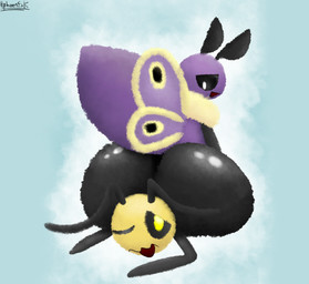 antennae_(anatomy) anthro arthropod_abdomen big_butt black_eyes bottom_heavy butt butt_crush dominant dominant_female duo female half-closed_eyes huge_butt hyper hyper_butt male male/female markings narrowed_eyes neck_tuft no_outlines one_eye_closed open_mouth purple_body questionable_consent simple_background sitting sitting_on_another straddling trapped tuft wing_markings wings yellow_body hphoenixk lavender_(hphoenixk) arthropod bee hymenopteran insect lepidopteran moth absurd_res hi_res