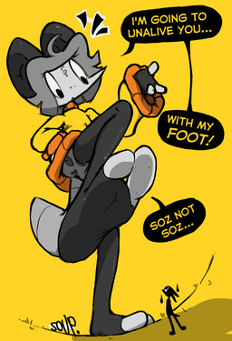 2_toes anthro dialogue duo extreme_size_difference feet foot_fetish foot_focus foot_play humanoid_feet macro micro plantigrade size_difference soles speech_bubble text toes underfoot mosquitostew english_text hi_res