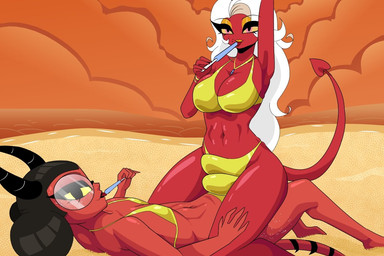 2_horns beach bikini black_hair black_lips breasts bulge clothing duo eyelashes food freckled_face freckled_legs freckled_thighs freckles glistening_eyelids gold_eyeshadow golden_lipstick gynomorph hair horn intersex lips long_eyelashes long_hair navel not_furry pink_eyes popsicle pupils sand soft_abs spade_tail swimwear tail tongue two-piece_swimsuit white_hair yellow_bikini yellow_clothing yellow_sclera yellow_swimwear carliabot hellaverse helluva_boss fan_character humanoid imp 2024 3:2