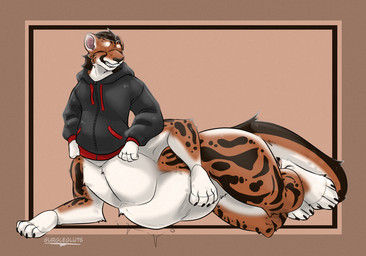 abdominal_bulge bottomless clothed clothing hand_on_belly hoodie hoodie_only lying male male_pred markings on_front solo spots spotted_markings topwear topwear_only vore gurglegluts cheetah cheetah_taur felid felid_taur feline feline_taur mammal mammal_taur taur hi_res