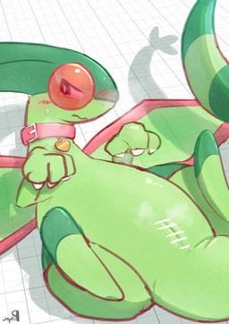 2_horns 3_claws 3_fingers ambiguous_gender ambiguous_slit animal_genitalia anthro bashful blush bodily_fluids breath cast_shadow censor_bar censored_genitalia claws collar collar_only collar_tag featureless_feet feet feral fingers genital_slit genitals geometric_background glistening glistening_body green_body green_skin grid_background half-closed_eyes heart_collar_tag horn ineffective_censorship leather leather_collar looking_away lying markings membrane_(anatomy) membranous_wings musk narrowed_eyes nervous nervous_smile nude on_back pattern_background presenting presenting_slit red_collar seductive shadow shy simple_background skin_folds solo spread_legs spreading striped_markings striped_tail stripes submissive submissive_feral sweat tail tail_markings tears thick_thighs wings polynimuri mythology nintendo pokemon dragon flygon generation_3_pokemon mythological_creature mythological_scalie pokemon_(species) scalie 2026 absurd_res censored digital_media_(artwork) hi_res signature