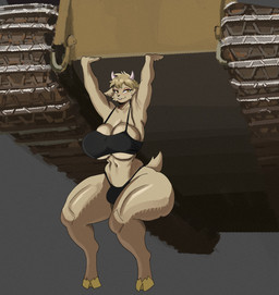 anthro big_breasts bra breasts cheek_tuft clothing facial_tuft fluffy_ears fur grey_background gynomorph hair heart_nose heart_symbol hooves horizontal_pupils horn intersex muscular muscular_anthro muscular_gynomorph muscular_intersex muscular_thighs navel pupils short_hair side_boob simple_background small_horn smile solo sports_bra tail tan_body tan_fur tan_hair tank_(vehicle) teeth thick_thighs thong tuft under_boob underwear vehicle yellow_eyes palesnake hanna_(wendigoinabox) alpine_goat bovid caprine domestic_goat goat mammal absurd_res hi_res