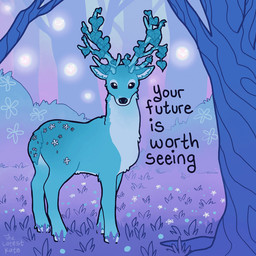 ambiguous_gender antlers blue_body detailed_background feral flower forest horn looking_at_viewer plant positive_message side_view snout solo tail text tree the_latest_kate deer mammal 1:1 colored digital_drawing_(artwork) digital_media_(artwork) english_text signature
