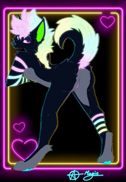 anthro arm_support arm_warmers armwear ass_up bedroom_eyes bent_over big_ears black_body black_fur blue_eyes butt clothing cute_fangs digitigrade eyebrows fangs featureless_chest female fur genitals glowing glowing_body glowing_fur grey_body grey_fur heart_symbol heterochromia leaning leaning_forward leg_wrap long_legs looking_at_viewer looking_back looking_back_at_viewer markings mohawk mostly_nude multicolored_body multicolored_fur narrowed_eyes neon neon_lights nude pink_eyes raised_eyebrows raised_tail rear_view seductive smile solo sparklefur spread_legs spreading striped_markings stripes suggestive_expression suggestive_pose tail teeth vulva freak_magic1369 stryker_(freak_magic1369) canid canine mammal maned_wolf absurd_res hi_res neon_colors primary_colors signature
