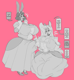 anthro big_breasts breasts bulge cleavage clothed clothed_anthro clothed_female clothed_gynomorph clothing dialogue dress duo emanata erection erection_under_clothing female footwear gloves gynomorph gynomorph/female hair handwear heart_symbol high_heels huge_breasts intersex intersex/female kneeling long_hair pink_background playing_with_penis shoes simple_background small_waist speech_bubble teasing text wide_hips crackiepipe bun_buns_(bun_buns) denisse canid canine fox lagomorph leporid mammal rabbit 2026 english_text hi_res