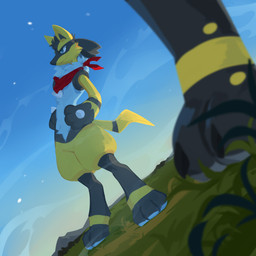 alternate_color anthro blue_eyes blue_scarf cheek_tuft duo facial_tuft featureless_crotch fur glistening glistening_eyes grass grey_body grey_fur head_tuft kerchief leg_markings low-angle_view male markings mostly_nude mouth_closed multicolored_body multicolored_fur narrowed_eyes neckerchief neckwear outside plant red_kerchief red_neckerchief scarf socks_(marking) solo_focus standing three-quarter_view tuft unsigned white_body white_fur yellow_body yellow_fur corzh77 nintendo pokemon generation_4_pokemon lucario pokemon_(species) 1:1 absurd_res hi_res
