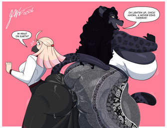 anthro ass_to_ass beak big_breasts big_butt black_body black_fur blush bottomwear breasts butt clothing duo feathers female fur gradient_background huge_breasts huge_butt markings simple_background size_difference skirt small_waist spots spotted_markings text thick_thighs white_body white_feathers wide_hips jwinkz forbidden_pants carmen_(noeticred) headmistress_(jwinkz) avian bird cockatoo felid jaguar mammal pantherine parrot 2026 english_text hi_res spanish_text