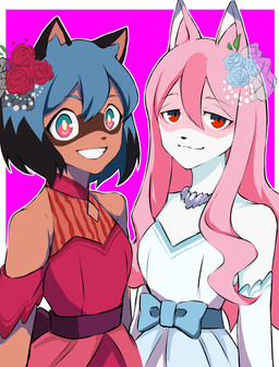accessory anthro black_nose blue_eyes blue_hair brown_body brown_fur clothed clothing dress duo female flower flower_in_hair fur hair hair_accessory long_hair pink_body pink_fur plant smile white_body white_fur yo_na brand_new_animal studio_trigger michiru_kagemori nazuna_hiwatashi canid canine fox mammal raccoon_dog tanuki 2020 absurd_res digital_media_(artwork) hi_res
