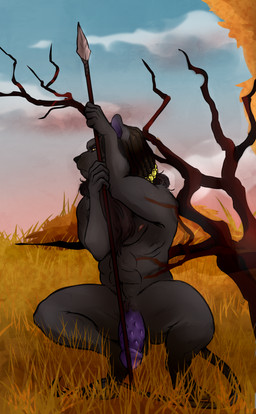 abs anthro black_body black_fur crouching dreadlocks fur genitals gold_(metal) male melanistic melee_weapon muscular muscular_anthro outside penile_spines penis polearm purple_penis savanna solo spear weapon fake_anna horus_wild felid lion mammal pantherine hi_res
