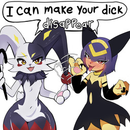 anthro bedroom_eyes black_body black_clothing black_dress black_fur blue_body blue_hair blush blush_lines breasts cane cheek_tuft claws clothing dialogue dress duo eyelashes facial_tuft fellatio_gesture female fur gesture hair jester looking_at_viewer markings multicolored_body multicolored_fur narrowed_eyes navel neck_tuft open_mouth open_smile red_eyes red_markings seducing_viewer seductive short_hair simple_background small_breasts smile suggestive suggestive_gesture text tongue tongue_out tuft two_tone_body white_background white_body white_fur yellow_body yellow_eyes yellow_markings notgeerux palworld pocketpair dupin_(pal) lagomorph leporid mammal pal_(species) rabbit sekhmet_(pal) 1:1 hi_res