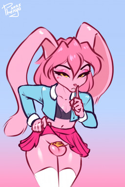 anthro balls biped blue_clothing blush bottomwear chastity_cage chastity_device clothed clothing clothing_lift eyelashes femboy genitals glistening glistening_body hair legwear looking_at_viewer male miniskirt navel no_underwear pink_body pink_hair pupils shirt skirt skirt_lift thigh_highs topwear wide_hips phenyanyanya atticus_mura lagomorph leporid mammal rabbit hi_res