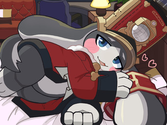 3_toes 4_fingers ambiguous_anthro ambiguous_gender anthro band_accessory barefoot bed bedding bedroom_eyes bent_arm biped blue_eyes blush blush_lines bottomless bottomless_ambiguous bottomless_anthro chair cheek_spots clothed clothed_ambiguous clothed_anthro clothing coat cravat detailed_background ear_accessory earband eyebrows featureless_crotch feet fingers floppy_ears furniture glistening glistening_eyes grey_body grey_tail hat headgear headwear heart_symbol inside lamp leg_markings looking_at_viewer lop_ears lying markings multicolored_body multicolored_ears narrowed_eyes on_bed on_side open_mouth open_smile pillow pupils red_clothing red_coat red_sofa red_topwear seductive smile smiling_at_viewer socks_(marking) sofa solo tail tail_tuft toes topwear tuft two_tone_body two_tone_ears two_tone_tail white_body white_eyebrows white_sclera white_tail demolife3 honkai:_star_rail mihoyo pom-pom_(honkai:_star_rail) lagomorph leporid mammal rabbit 2025 4:3 aliasing binary_drawing cel_shading digital_drawing_(artwork) digital_media_(artwork) full-length_portrait hi_res portrait shaded