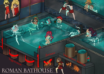 bathing bathing_together blonde_hair bottle breasts brown_hair clothed clothing container diagram directional_arrow egyptian egyptian_clothing egyptian_headdress female fire furnace group hair holding_bottle holding_container holding_object kissing making_out nude red_clothing red_hair roman_architecture roman_bath shovel text tools toy_boat undressing_self water white_hair wolf_skin wrestling centurii-chan_(artist) bastet_(centurii-chan) centurii-chan animal_humanoid cat_humanoid felid felid_humanoid feline feline_humanoid human humanoid mammal mammal_humanoid character_request english_text hi_res