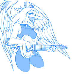 5_fingers anthro arm_feathers big_wings bone_frill bottomwear breasts clothing elbow_feathers electric_guitar eyes_closed feathered_wings feathers female fingers frill_(anatomy) guitar hair holding_guitar holding_musical_instrument holding_object jewelry makeup musical_instrument necklace open_mouth pants pendant playing_guitar playing_music plucked_string_instrument short_tail simple_background singing sleeveless_shirt snout solo spiked_hairband string_instrument stripes tail wings protonmono cavemanon_studios goodbye_volcano_high ko_op_(game_developer) snoot_game fang_(gvh) prehistoric_species pterosaur reptile scalie blue_and_white monochrome