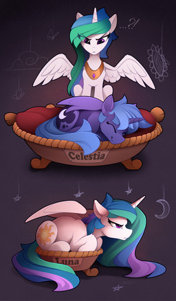 acting_like_a_cat acting_like_a_dog angry blue_hair duo eyes_closed feathered_wings feathers female feral hair horn humor interrobang loaf multicolored_hair purple_eyes simple_background sleeping smile wings yakovlev-vad friendship_is_magic hasbro my_little_pony mythology princess_celestia_(mlp) princess_luna_(mlp) equid equine mammal mythological_creature mythological_equine winged_unicorn 2019 absurd_res comic digital_media_(artwork) hi_res