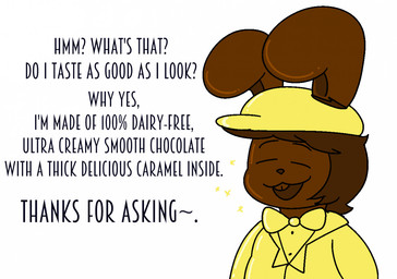 anthro asking_another bow_tie brown_body brown_hair candy chocolate clothed clothed_anthro clothed_male clothing describing_self dessert eyes_closed food furgonomic_hat furgonomic_headwear furgonomics hair hat headgear headwear holidays long_ears male open_mouth open_smile smile solo talking_to_another teeth text tilde_after_text swankybones easter food_creature lagomorph leporid living_candy living_chocolate mammal rabbit english_text