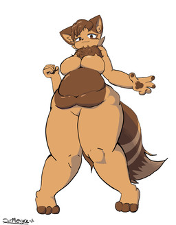 anthro big_tail breasts brown_body chest_tuft ears_up eye_markings facial_markings fluffy fluffy_tail fur gynomorph hair head_markings inner_ear_fluff intersex looking_at_viewer markings pawpads presenting slightly_chubby solo standing tail thick_thighs tuft sirmega humanoid absurd_res hi_res