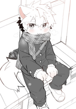 :3 anthro blush bottomwear breath clothing high-angle_view jacket kemono looking_at_viewer male pants scarf sitting solo topwear young young_anthro young_male eisuke_art mammal 2025 absurd_res hi_res partially_colored