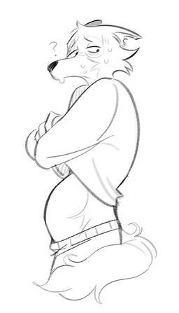 anthro belly belly_exposed big_belly bodily_fluids bottomwear clothed clothing clothing_lift facial_scar fur looking_away male notched_ear pants pregnant pregnant_male question_mark scar shirt shirt_lift solo sweat sweatdrop topwear viat_on beastars legoshi_(beastars) canid canine canis mammal wolf 2024 monochrome