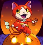 anthro balls candy chibi chocolate chocolate_bar dessert food genitals holidays jack-o'-lantern male penis presenting raised_leg solo mincheeto asian_mythology east_asian_mythology halloween japanese_mythology level-5 mythology yo-kai_watch jibanyan felid feline mammal yokai