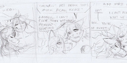 alcohol anthro beer beverage can container dialogue female groan looking_at_another looking_at_partner male romantic romantic_couple talking_to_another talking_to_partner waking_up arc_rose natascha_(arcrose) zephyr_(arcrose) canid canine canis domestic_cat domestic_dog felid feline felis husky mammal nordic_sled_dog spitz comic hi_res monochrome sketch traditional_media_(artwork)