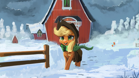 barn blonde_hair building clothing duo female fence footprint freckles green_eyes hair hat headgear headwear house looking_at_viewer open_mouth outside pattern_clothing pattern_scarf red_hair saddle_bag scarf smile snow solo_focus striped_clothing striped_scarf stripes teeth tongue winter paperdrop friendship_is_magic hasbro my_little_pony apple_bloom_(mlp) applejack_(mlp) earth_pony equid equine horse mammal pony 16:9 2017 absurd_res hi_res widescreen