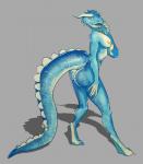 anthro blue_body blue_scales breasts bubble_butt butt female horn looking_at_viewer looking_back non-mammal_breasts red_eyes scales simple_background solo tail teeth pinklepickle mythology dragon kobold lizard mythological_creature mythological_scalie reptile scalie 2017