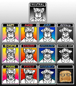 angry anthro beard bodily_fluids bread clenched_teeth clothed clothed_anthro clothed_male clothing collared_shirt crying drooling emotion_chart eyewear facial_hair food glasses hair happy male male_anthro mouth_closed nervous nervous_sweat open_mouth open_smile pixelated_background rectangular_glasses sad saliva scared shirt smile solo sweat tears teeth topwear melaisen omori_(game) bau_(melaisen) akita canid canine canis domestic_dog mammal spitz 2023 absurd_res bust_portrait digital_drawing_(artwork) digital_media_(artwork) hi_res portrait